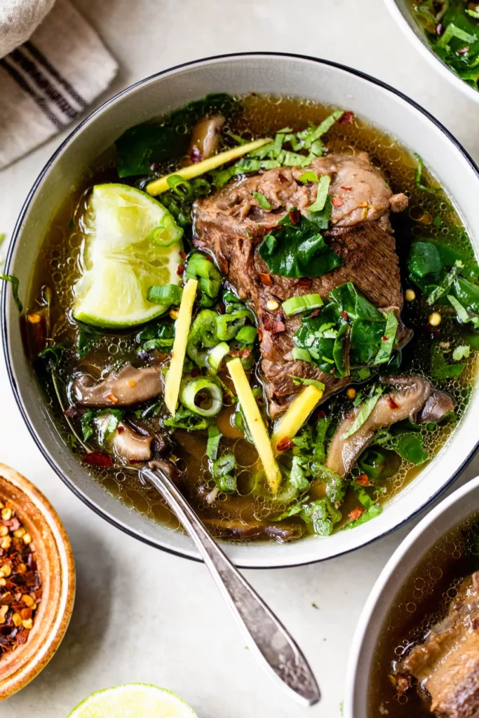 When you're in the mood for something warm and comforting, this Asian-inspired Short Rib Soup with Swiss chard and mushrooms is the ideal choice.

