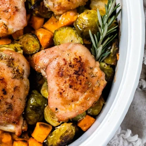 Baked Chicken Thighs with Brussels Sprouts and Sweet Potato