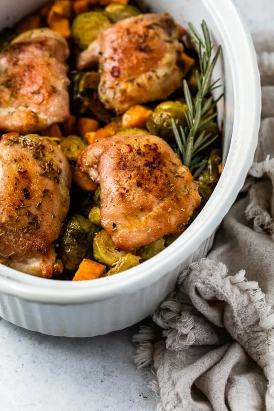 Baked Chicken Thighs with Brussels and Sweet Potato