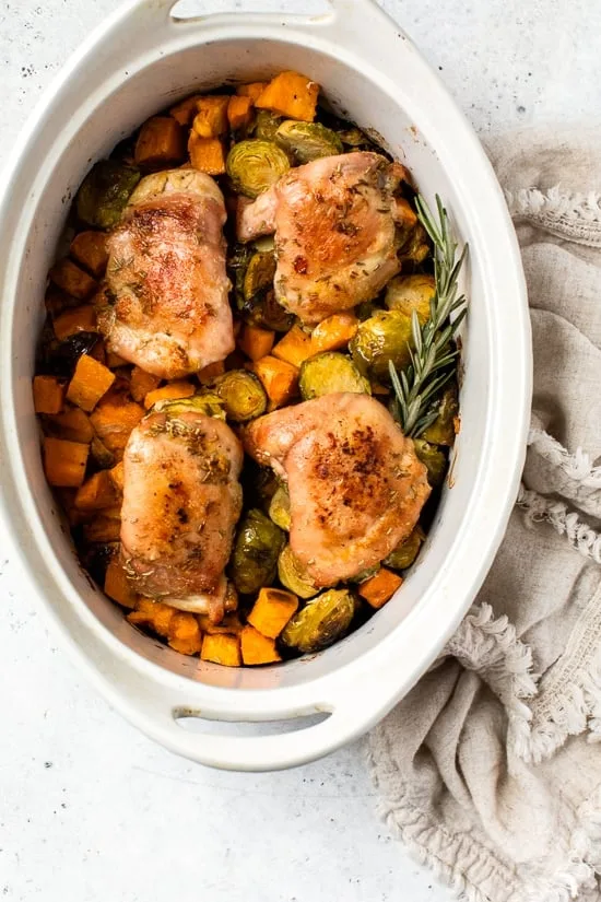 Baked Chicken Thighs with Brussels Sprouts and Sweet Potato
