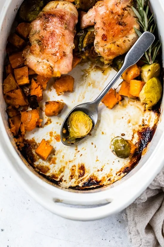 Baked Chicken Thighs with Brussels and Sweet Potato