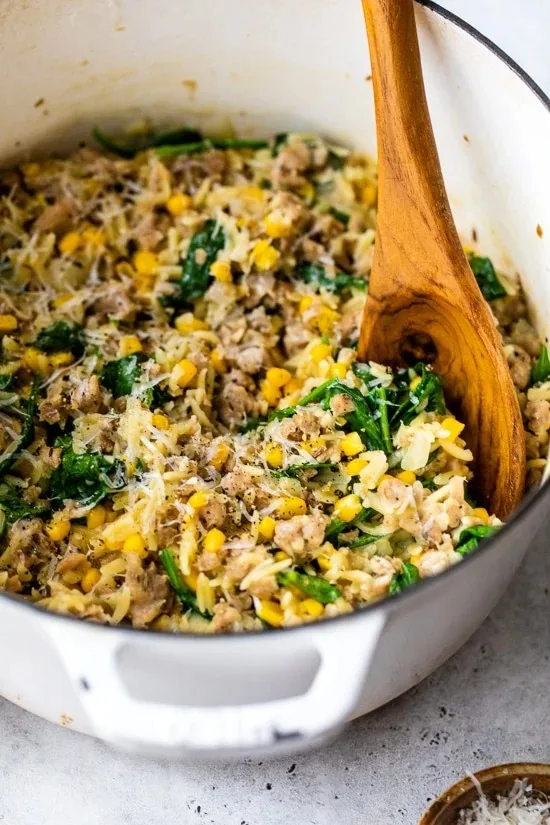 One-Pot Orzo with Sausage, Spinach and Corn