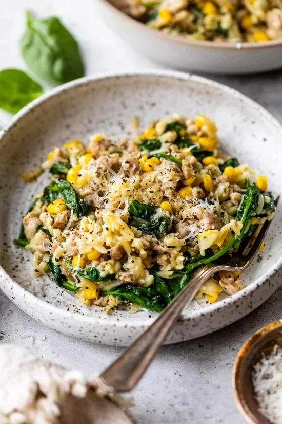 One-Pot Orzo with Sausage, Spinach and Corn