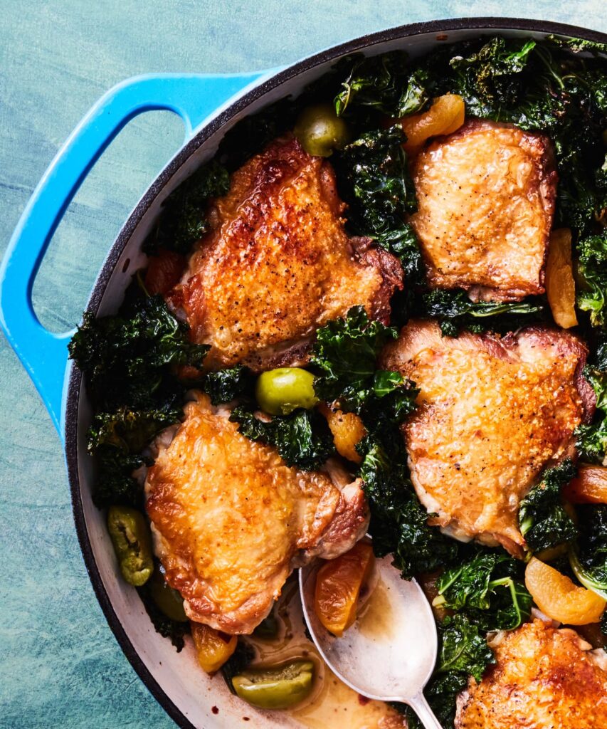 Crispy Chicken Thighs With Kale, Apricots, And Olives Zazoo Recipes