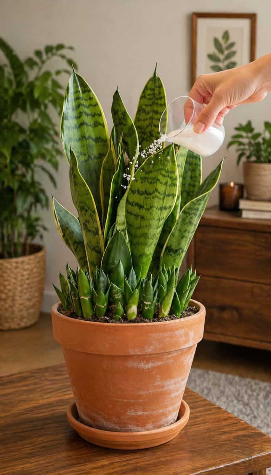 The White Liquid Snake Plant Trick: A Simple Root-Zone Routine for Stronger Leaves, More Pups, and a Cleaner Terracotta Pot