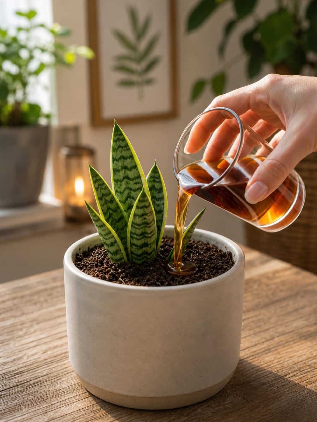 Pour This Amber Root Tonic on Snake Plant for Stronger Leaves, Healthy Roots, and New Pups