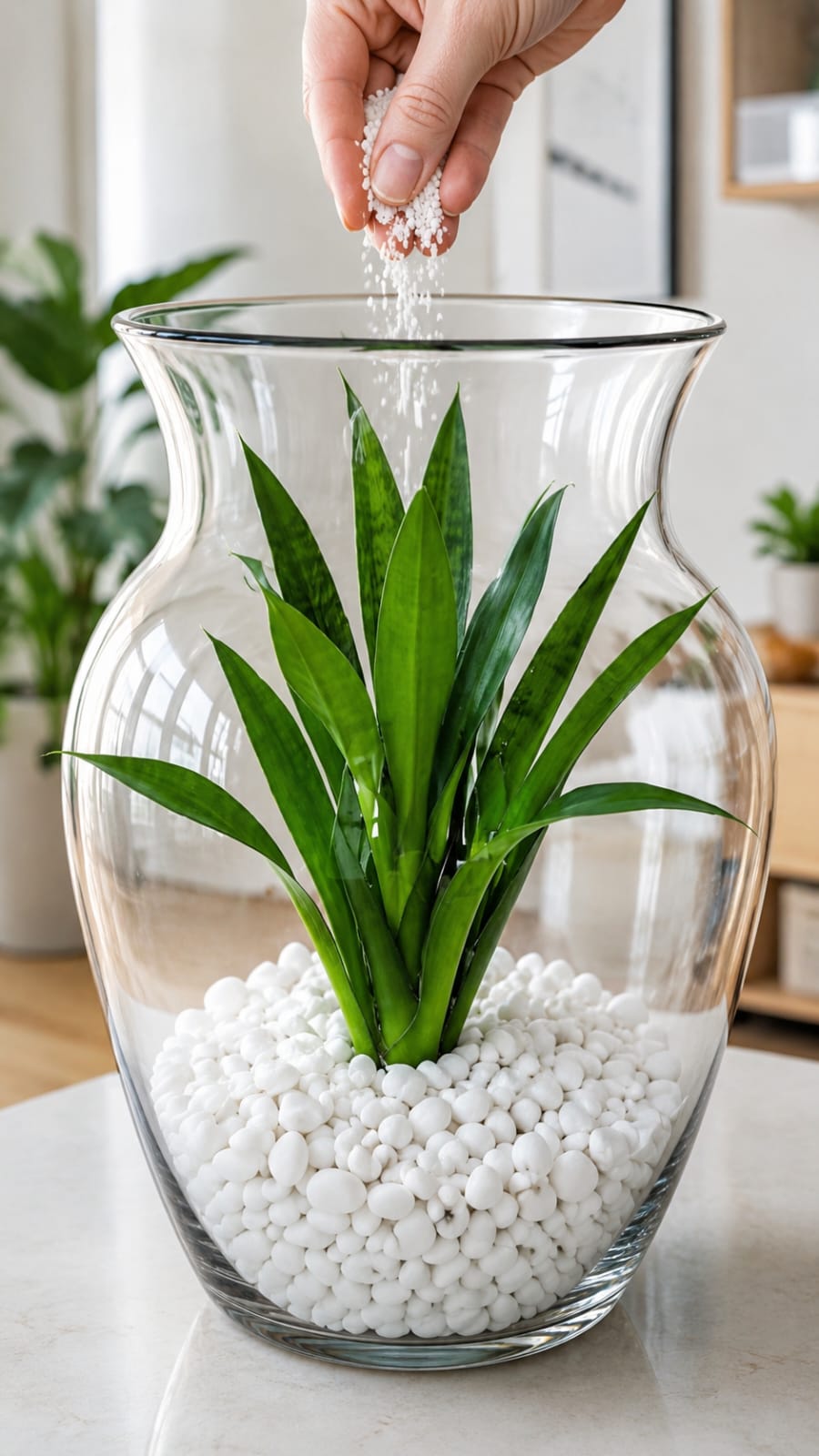Why Homeowners Are Using White Pebble Layers, Better Drainage Mix, Indoor Plant Fertilizer, and Glass Vase Styling to Support Young Snake Plants and a More Refined Indoor Look