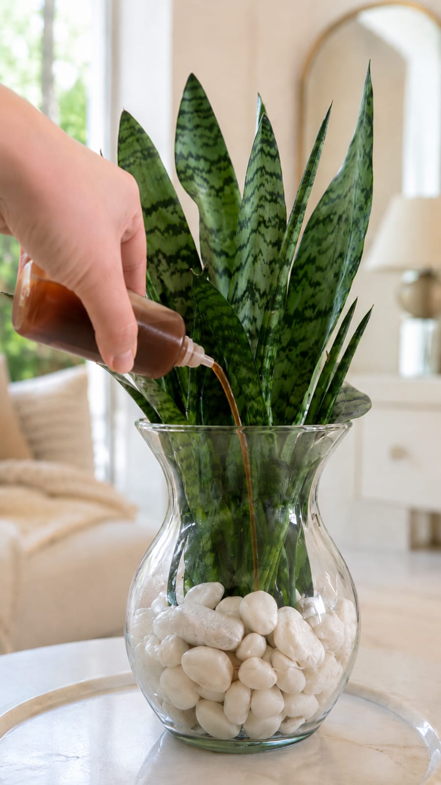 Why Homeowners Are Using a Glass Vase Snake Plant Water-Rooting Trick With White Pebbles, Better Drainage Planning, and Indoor Plant Styling for a Cleaner Refined Look