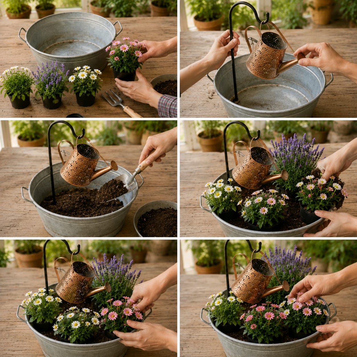 How to Create a Galvanized Tub Flower Planter Safely with Mixed Blooms, Rich Soil, and a Decorative Hanging Watering Can Display